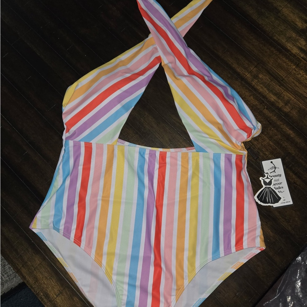 Colorful Striped Halter One Piece Swimsuit